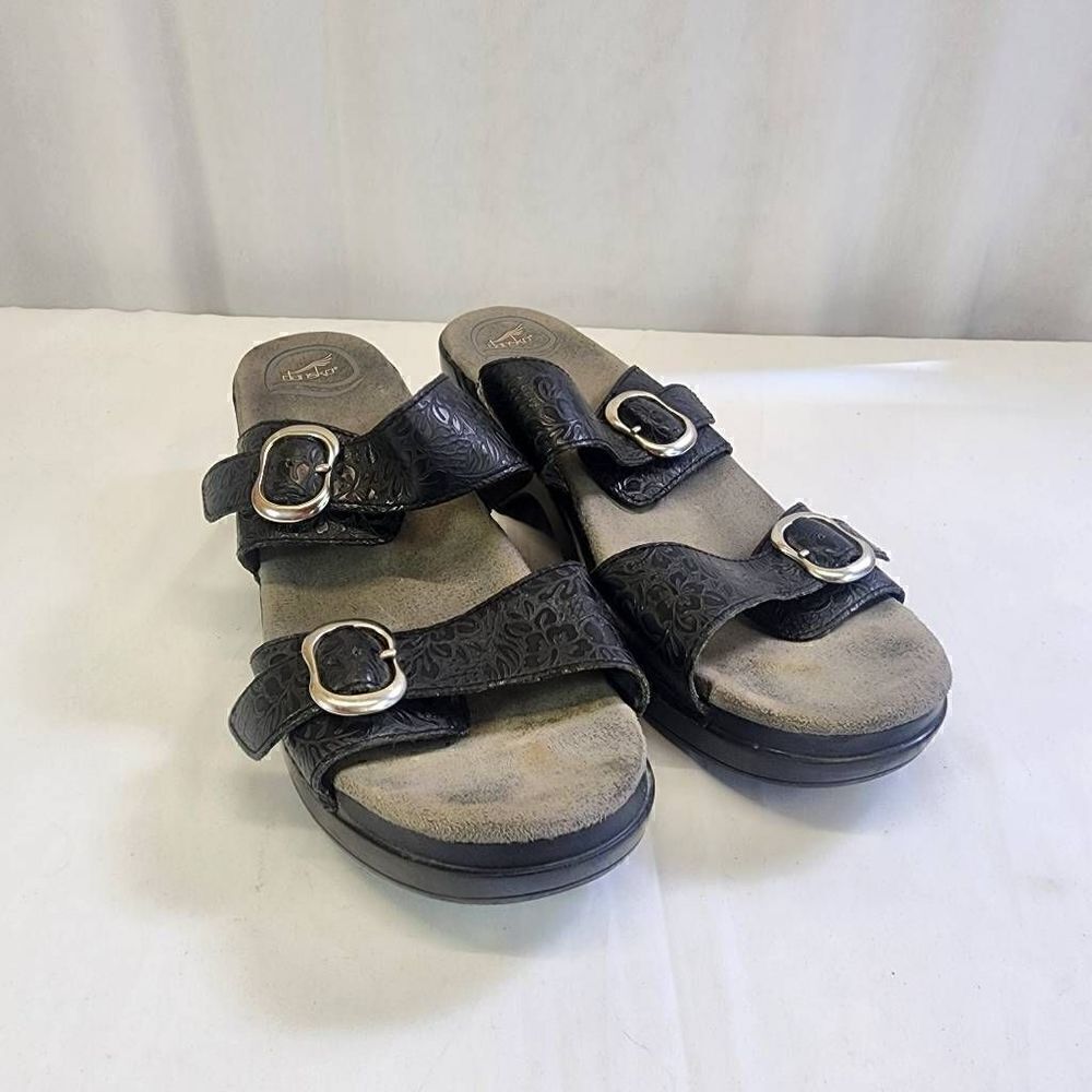 Dansko Sophie Slide Sandals Black Leather Floral Size 41 (10.5)